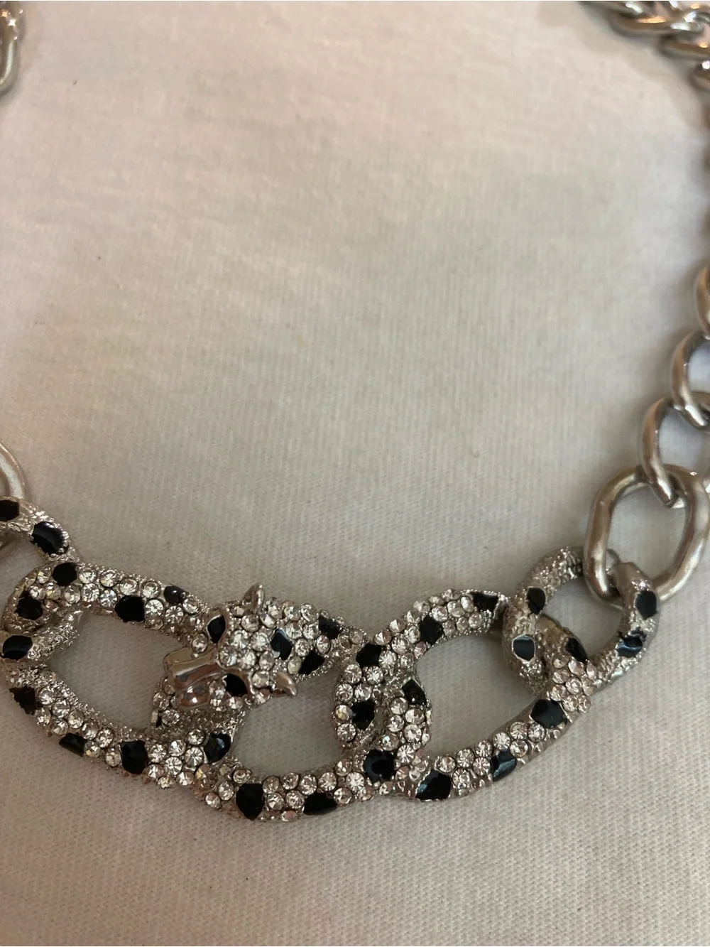 Panther Animal Big Cat Silver Tone Necklace Clear & Black Stones